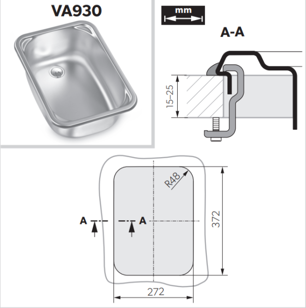 Мойка Dometic VA 930 ВхШхГ:145x280x380мм с сифоном